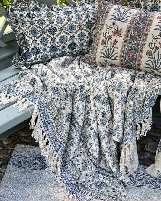 Hand Block Printed Throw Ink Blue