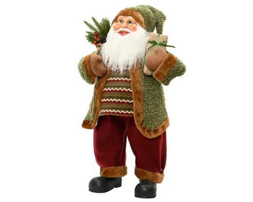 Santa plastic polyester fabric, plastic branches pinecone berries, present with green ribbon