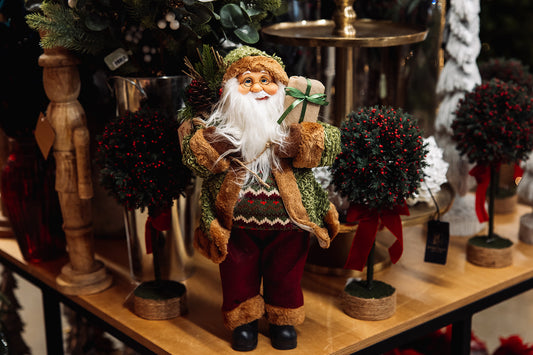 Santa Christmas Decoration with Pinecones, Berries and Gift