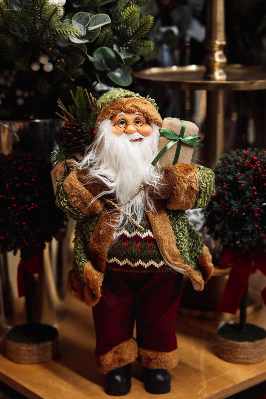 Santa Christmas Decoration with Pinecones, Berries and Gift
